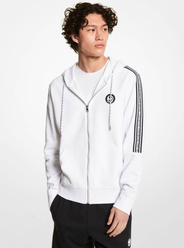 Panske Mikiny S Kapucňou Michael Kors Logo Tape Cotton Blend Zip-Up Biele - Oblecenie Michael Kors Sleva | YRNHW-5730